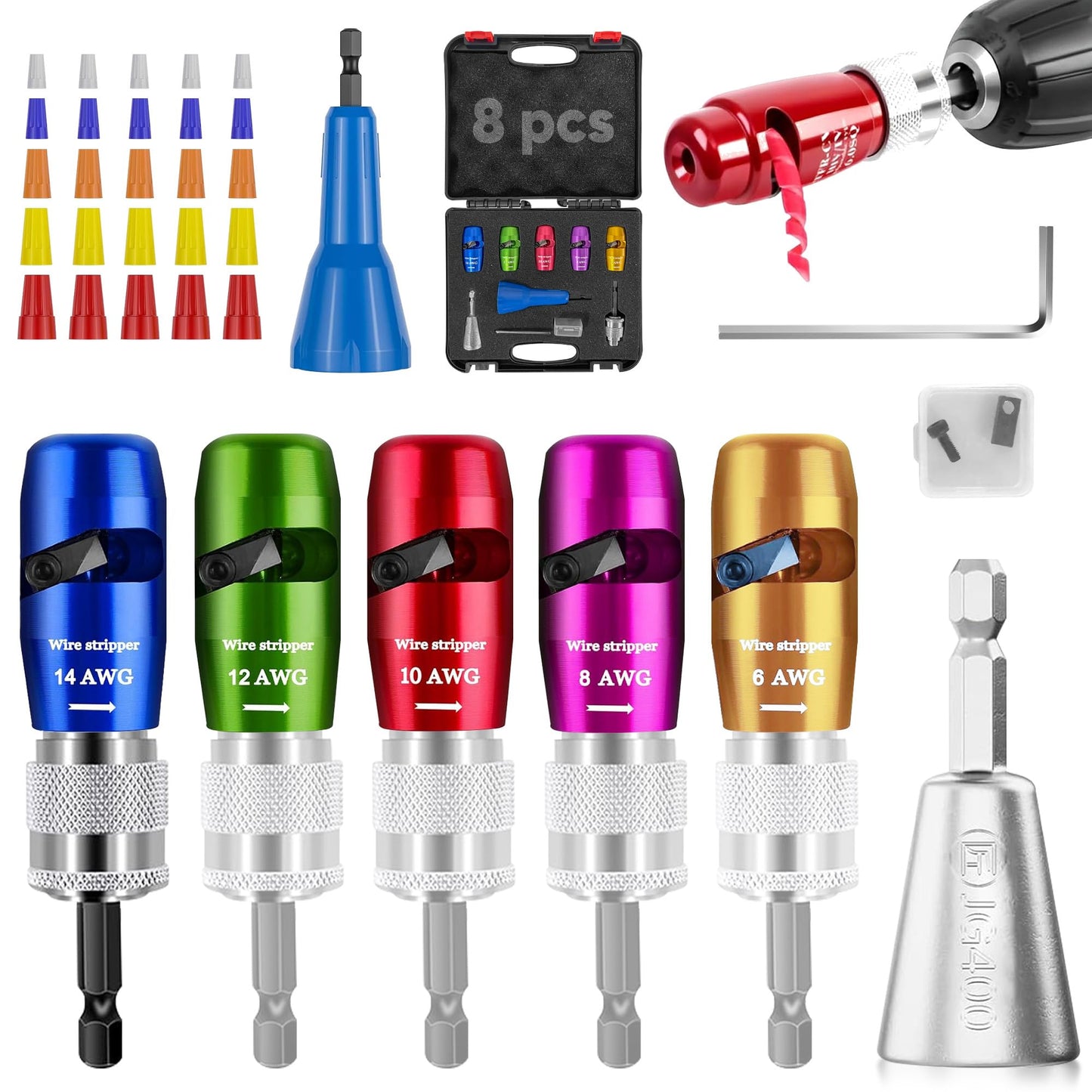 US Regulations Wire Stripping for Drill, Wire Stripping Tool & Wire Twisting Connector Set, Wire Twister Tool for Drill, 8 in 1 Quickly Drill Wire Stripping Professional Electrician Tools Set(8pcs)