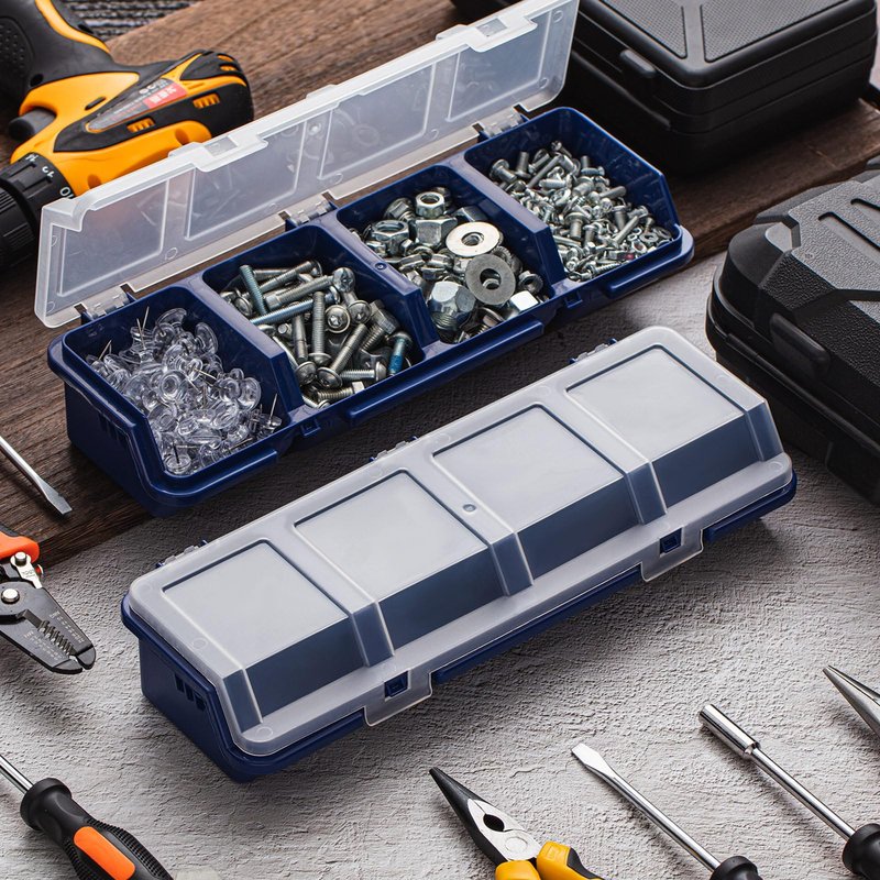 Hushee 6 Pcs Screw Organizer Box with Lid 4 Compartments Small Parts Organizer Plastic Stackable Nut and Bolt Hardware Storage Tool Bin Divider Sorting Screw Box for Workbench Garage (Blue)