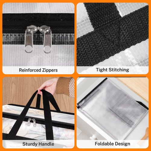 BlissTotes 4 Pack Clear Clothes Storage Bags, Under Bed Storage Containers, Foldable Blanket Storage Moving Bags with Sturdy Zipper and Handle for Clothing, Comforter, Bedding, Sheet (40L)