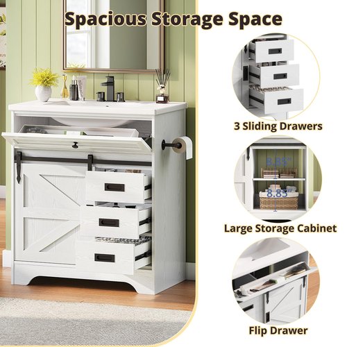IRONCK 30" Bathroom Vanity with Sink, Farmhouse Bathroom Sink Cabinet with Flip Drawer & Sliding Barn Door, Freestanding Bathroom Vanities with Metal Handles, Paper Towel Holder,White