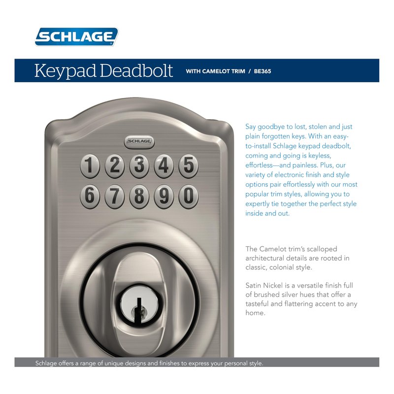 Schlage Camelot Electronic Keypad Deadbolt Lock, Keyless Front Door Entry, Mechanical Key Backup Included, Satin Nickel, BE365 V CAM 619