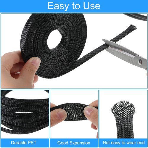 Tatuo 65.6 ft Expandable Braided Cable Sleeve Multi Size Braided Wire Sleeve with 120 Pcs Heat Shrink Tubing for Television Audio Computer Cables Video Pets,1/4 in,2/5 in,1/2 in,3/4 in(Black)