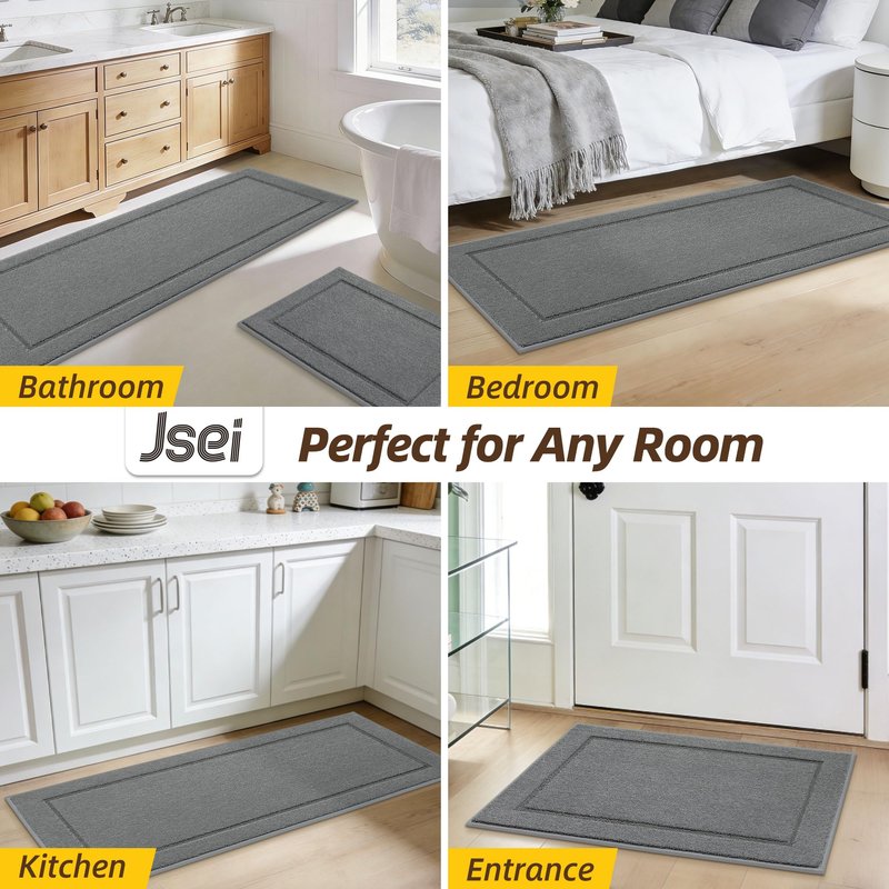 JSEI Non-Slip Bathroom Rugs, Self Adhesive No Sliding Bath Rugs Set of 2, Machine Washable Absorbent Bath Mat Set for Tub Shower & Single Sink 20”x32”+20”x48”, Beige, Diamond Pattern