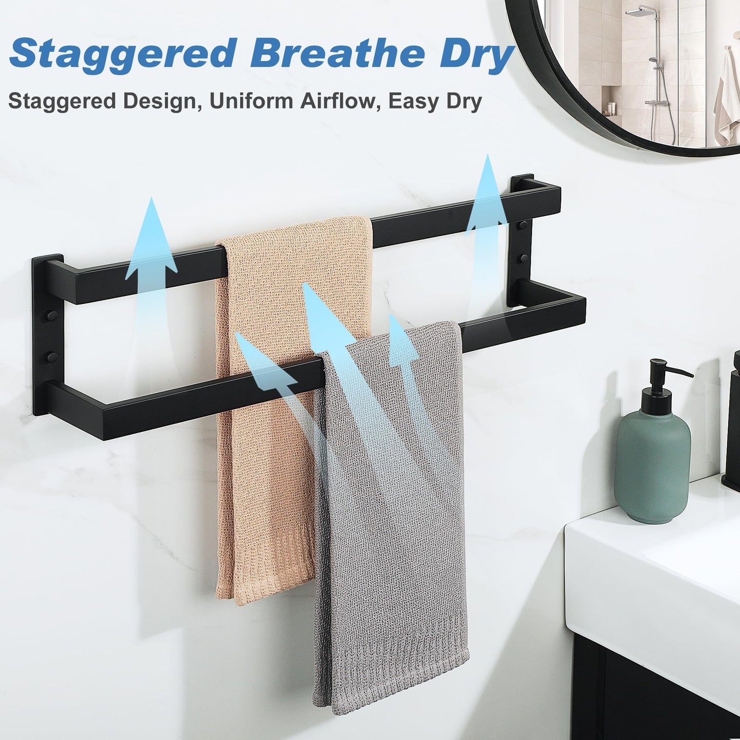 Alise Double Towel Bar 24", SUS304 Stainless Steel Towel Racks for Bathroom Wall Mounted, Heavy Duty Bathroom Towel Holder, Space Saving Towel Hanger, Matte Black