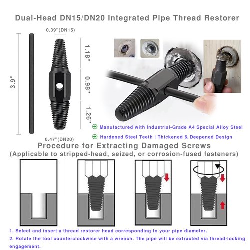 Gcoujrl Integrated Internal & External Pipe Threading Tool with Screw Extractor & Sealant Tape Dual-Function PVC Pipe Threader Kit Electric Drill Compatible for Plumbing, DIY, HVAC (1/2"+ 3/4")