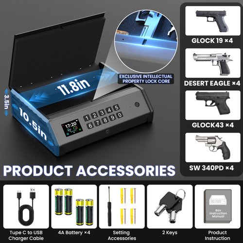 Gun Safe,3 Ways Biometric Pistol Safe with LCD Display of Temperature Humidity USB Port, Emergency Power Supply Gun Lock Box for Home Bedroom Bedside Nightstand and Car