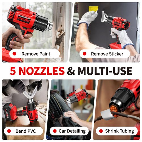 FULLYEA Cordless Heat Gun with 2 x 4.0Ah Batteries, 5 Nozzles Hot Air Gun Kit Portable, Max 1022°F (550°C) Fast Heating, 2-Temperature Setting, Heat Gun for Shrink Tubing, PVC Wrap, Crafts