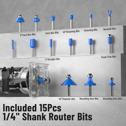 SEESII Router Bits Set, 1/4" Shank Router Bits, 15 Pieces Included for Woodworking, Wood Trimming, DIY