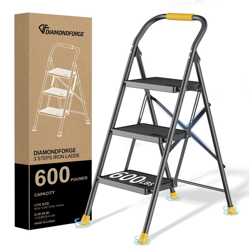 DIAMONDFORGE 3 Step Ladder Foldable Folding Stool - for Home Adults Kitchen, Iron, Black, Extension Tall Heavy Duty with Handrails - Closet Stepstool Extendable Stepladder for Indoor House 600 lbs