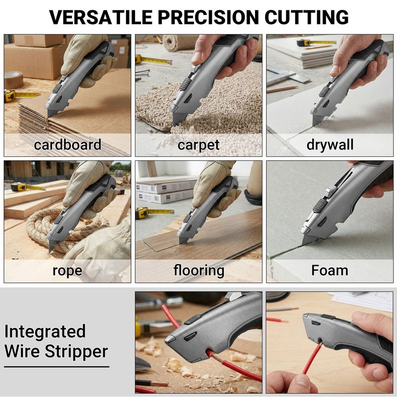 Box Cutter Retractable with Built-In Blade Storage & Wire Stripper, Heavy-Duty Utility Knife safety, Metal Alloy Body, Ergonomic Non-Slip Rubber Grip, Quick Change Blade Razor Knife (Matte Gray)