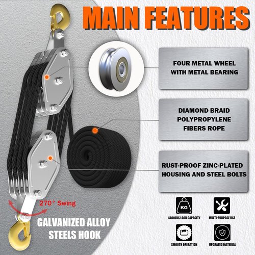 YATOINTO Rope Hoist Pulley System, 4400LB Pulley Block and Tackle, 8:1 Ratio Lifting Power 65ft, Heavy Duty Pulley Block for Hunting Lifting Heavy Objects Garage Warehouses Building