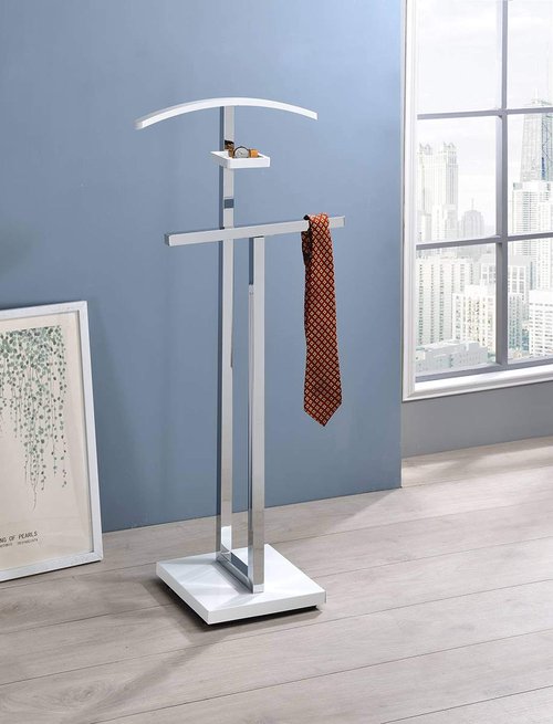 Kings Brand Furniture - Vaccaro Metal & Wood Suit Valet Stand, Clothes Rack, White/Chrome