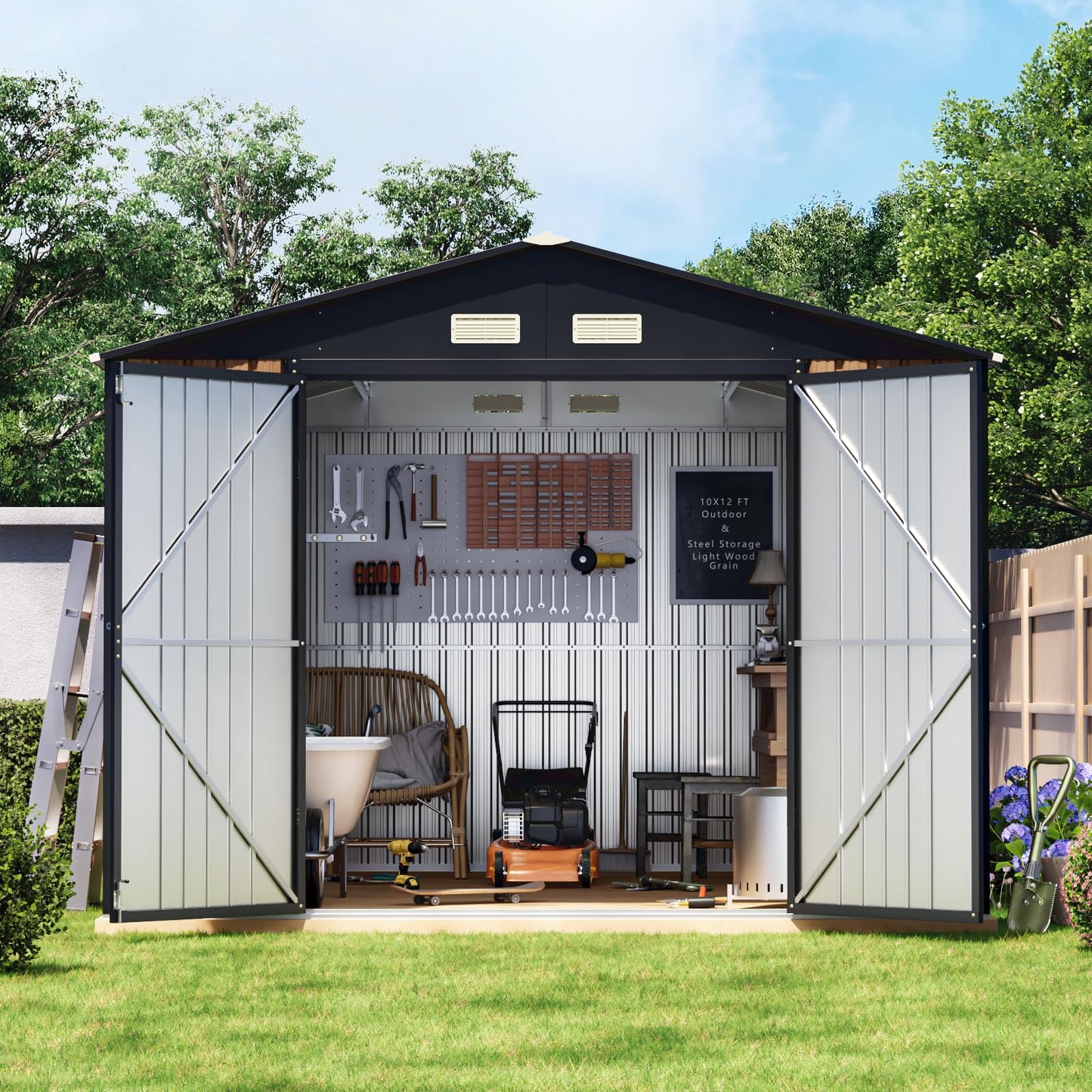 Panovue 10X12 FT Outdoor Metal Storage Shed with Lockable Doors & 2 Windows, Storage Shed Large with Metal Frame Floor for Patio Storage, Garbage Can, Chicken Coop(Wood Panels Not Included)