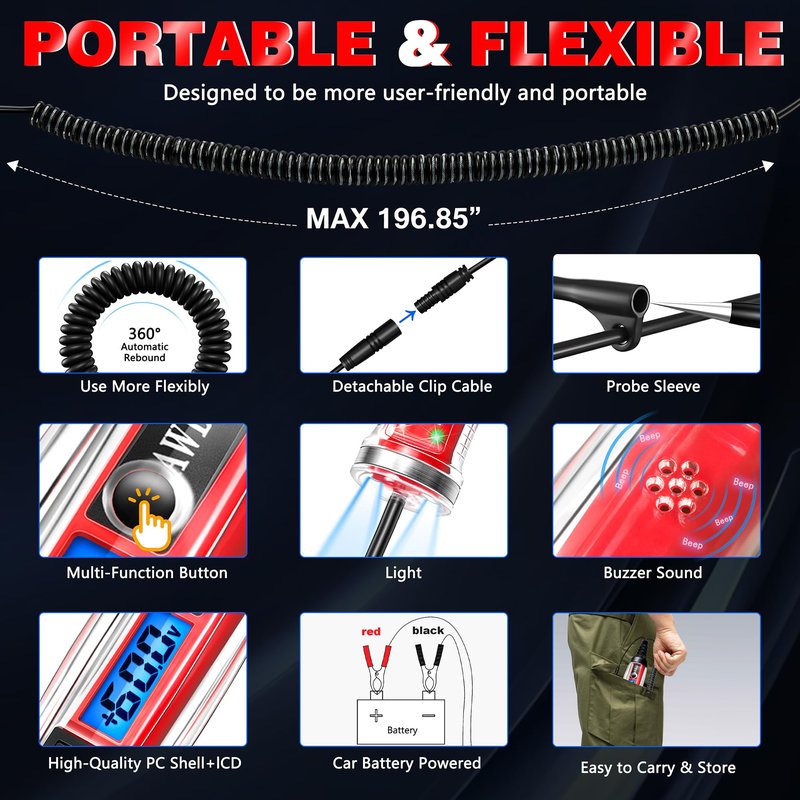 AWBLIN Power Circuit Probe Tester, LCD Digital Automotive Test Light with Voltage Display&Illumination, DC Voltage Tester, Electrical System Tool, Relay Fuse Continuity Current Test.
