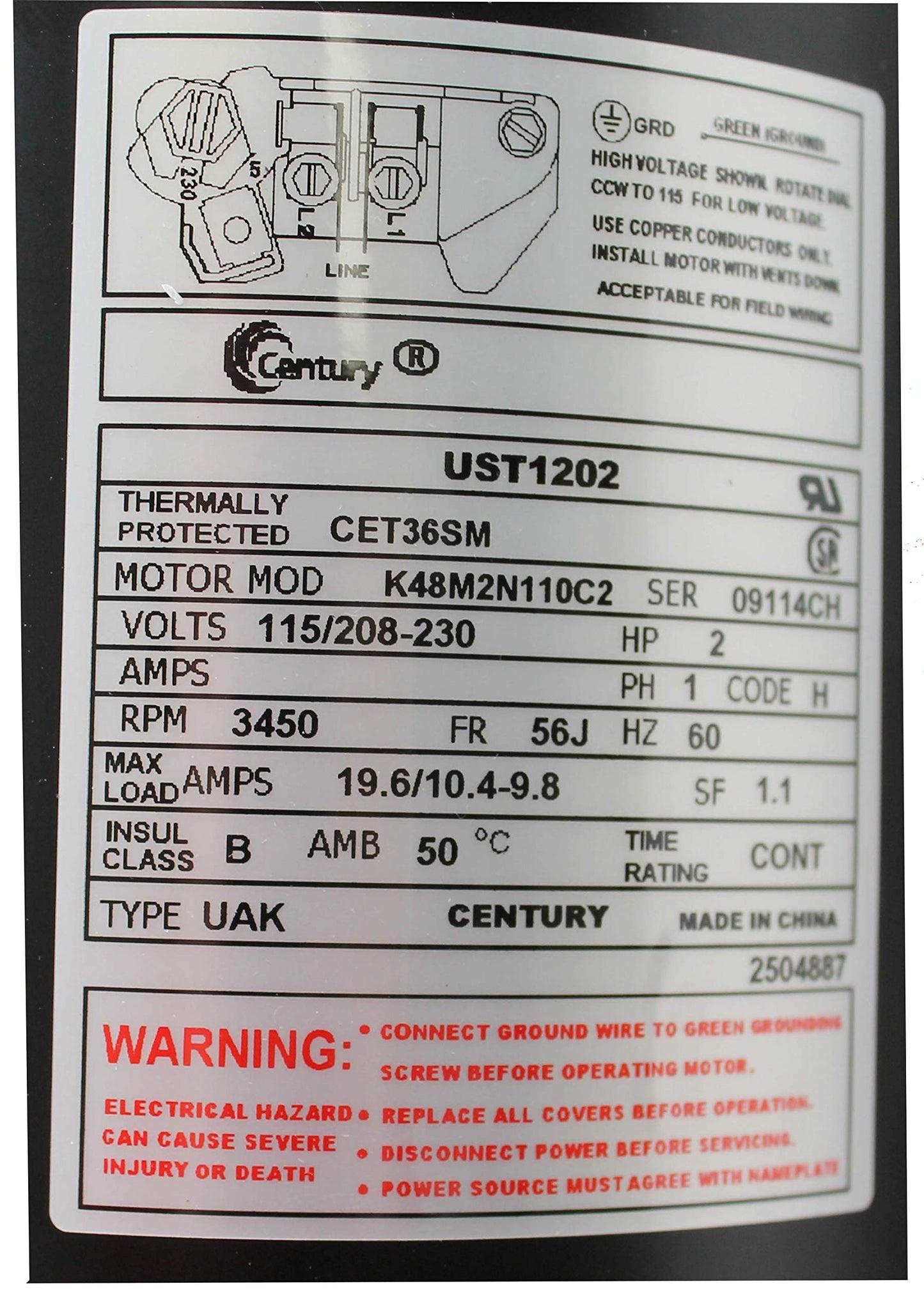 Century Electric UST1202 2-Horsepower Up-Rated Round Flange Replacement Motor (Formerly A.O. Smith)