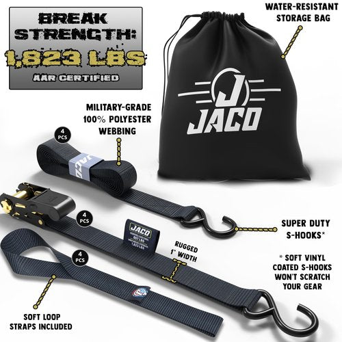 JACO Ratchet Tie Down Straps - 1 inch x 15 ft (Pack of 4) | 1,823 lbs (Black)