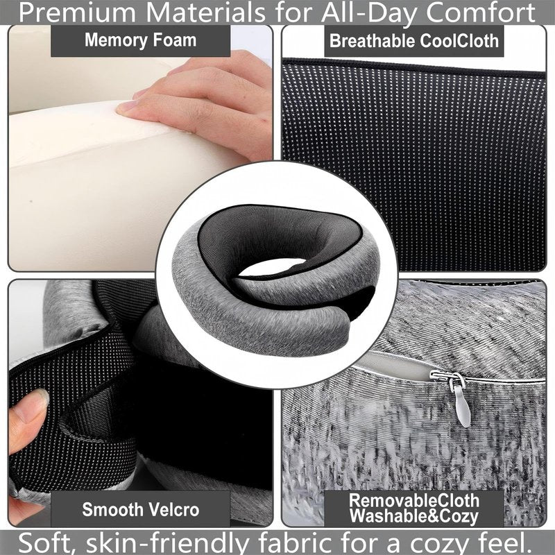 GongPath Travel Neck Pillow for Airplane, Memory Foam Neck Pillow with 360° Support, Adjustable Velcro, Breathable Washable Cover, Compact for Long Flights, Car, Train, Office, Light Grey(Dark Grey)