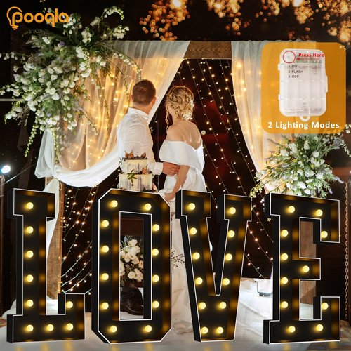 Pooqla 4 FT Marquee Light Up Letters, Giant Sign Black Marquee Letter Lights, 4 Feet Tall Big Mosaic Letters for Balloons Birthday Party Anniversary Wedding Decorations, Warm White A