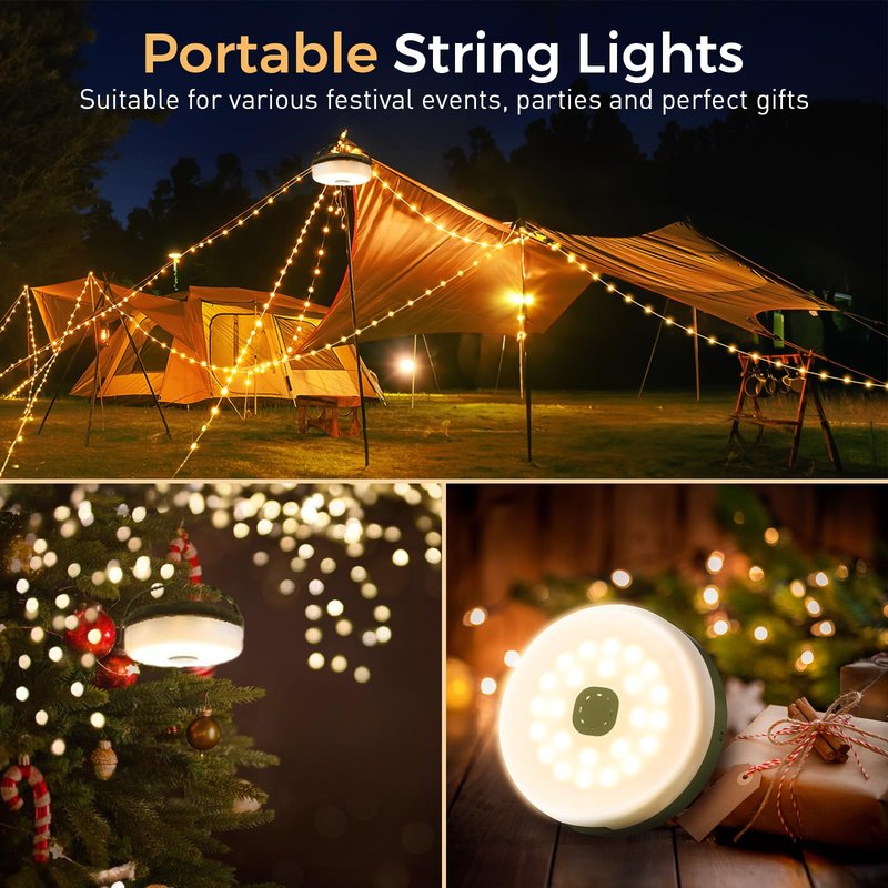 KUQIHUG Camping String Lights, 32.8FT Rechargeable Camping Lights with Quick Storage Reel, 8 Modes Waterproof Hanging LED Camping Lights for Tent, RV Awning, Patio and Outdoor Camping Gear Essentials