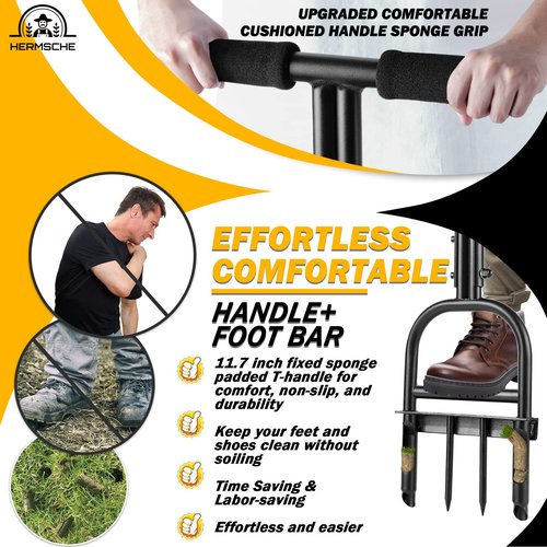 Hermsche Lawn Aerator Coring Tool, Manual Plug Core Aerators with Cleaning Stick, 2 Half-Open Hollow Slot Tines and 2 Spike Heavy Duty Grass Aeration Tool for Soils Yard Garden
