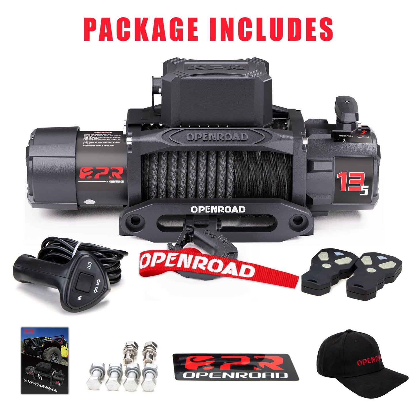 OPENROAD 13500 lb Recovery Winch with Synthetic Rope and 2 Wireless Remotes - IP68 Waterproof 12V Electric Winch for Jeep, SUV, Truck & Trailer - Panther Series 3S