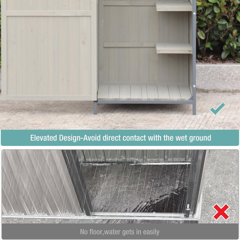 Outdoor Storage Shed with Floor, 68" Tall Wooden Garden Tool Cabinet, Metal-Framed Outdoor Tool Shed with Adjustable Shelves, Vertical Storage for Yard and Patio