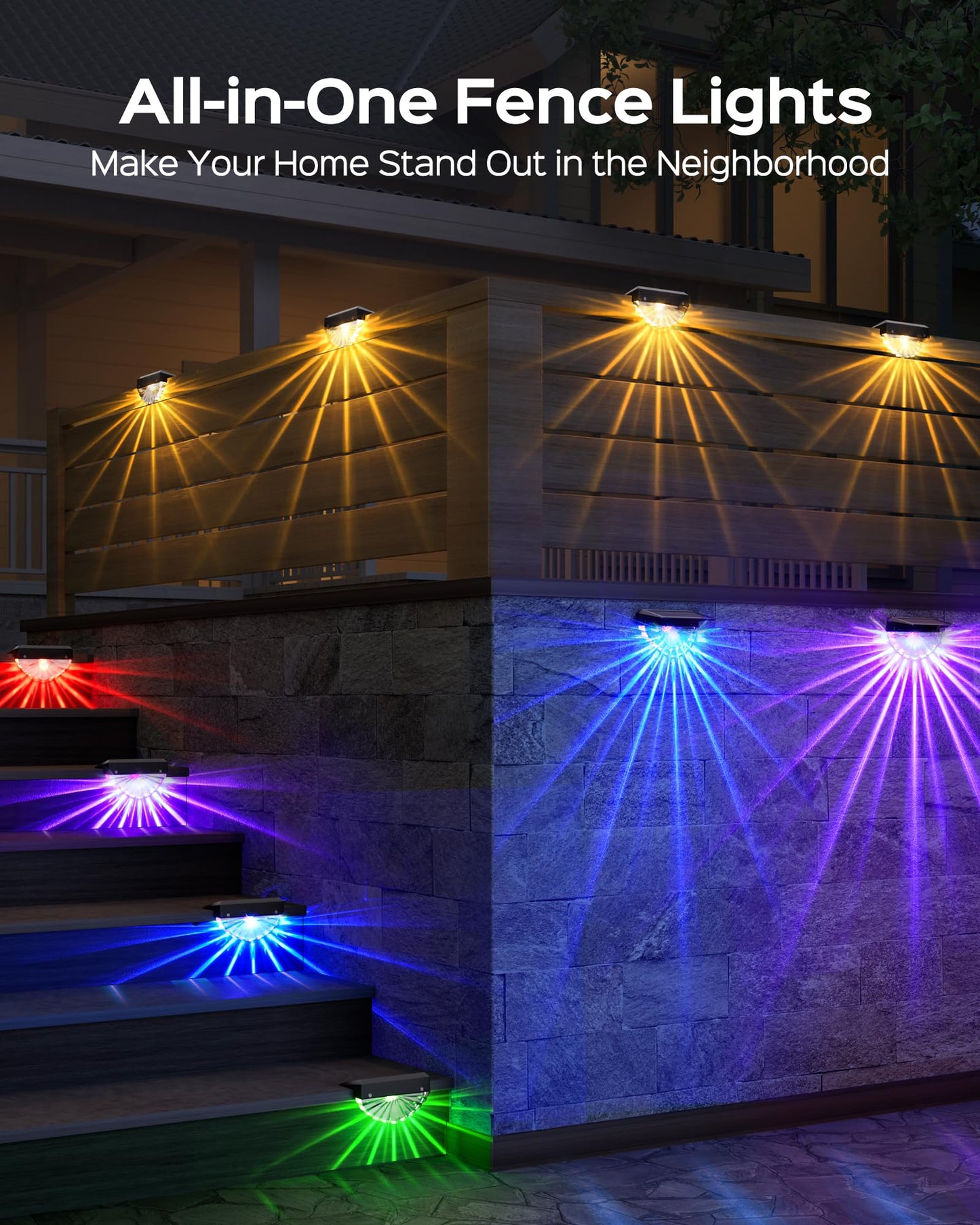 JACKYLED Solar Fence Lights RGB LED Accent Lighting with 180° Fan-Shaped Pattern, 11 Light Beams, 20H Runtime, 8 Lighting Modes, Outdoor Waterproof Railing Light for Yard, Patio, Porch, Garden, 4 Pack