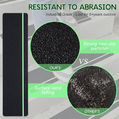 S&X Outdoor Stair Treads Non-Slip 5-Pack, 6" x 24" with Glow-in-The-Dark Stripe Heavy Duty Anti Slip Tape for All Slippery Surfaces - Weather Resistant Grip Tape for Stairs, Steps
