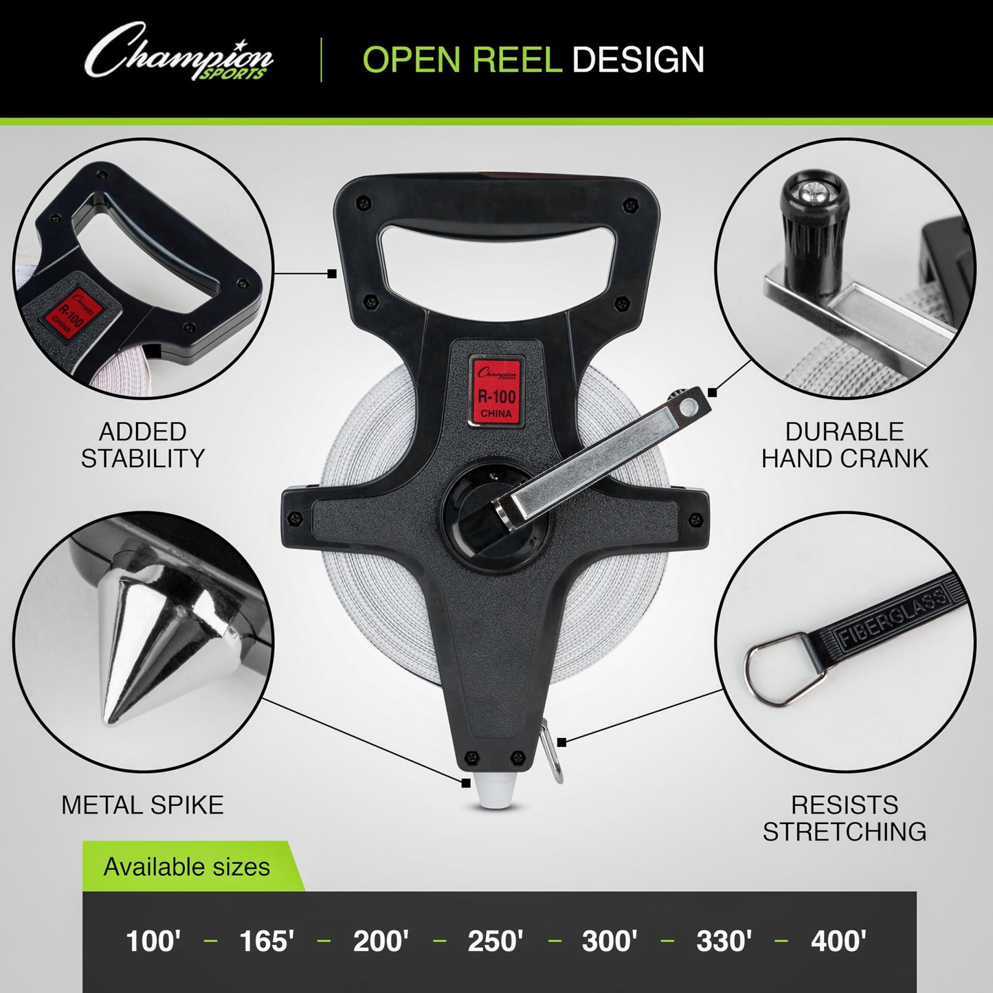 Champion Sports Open Reel Measure Tape, 330 ft, 100 Meters, with Metal Spike, Hand Crank - Open Tape Measure for Track and Field, Long Jump - Durable, Dual-Sided Measuring Reel with Feet and Meters