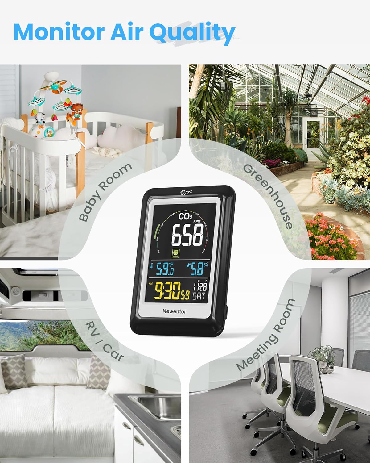Newentor CO2 Monitor, Indoor Air Quality Meters, Carbon Dioxide Detector with Voice Alert, Large Display CO2 Tester, Temperature Humidity Sensor, Alarm Clock for Home, RV, Grow Tents, Black