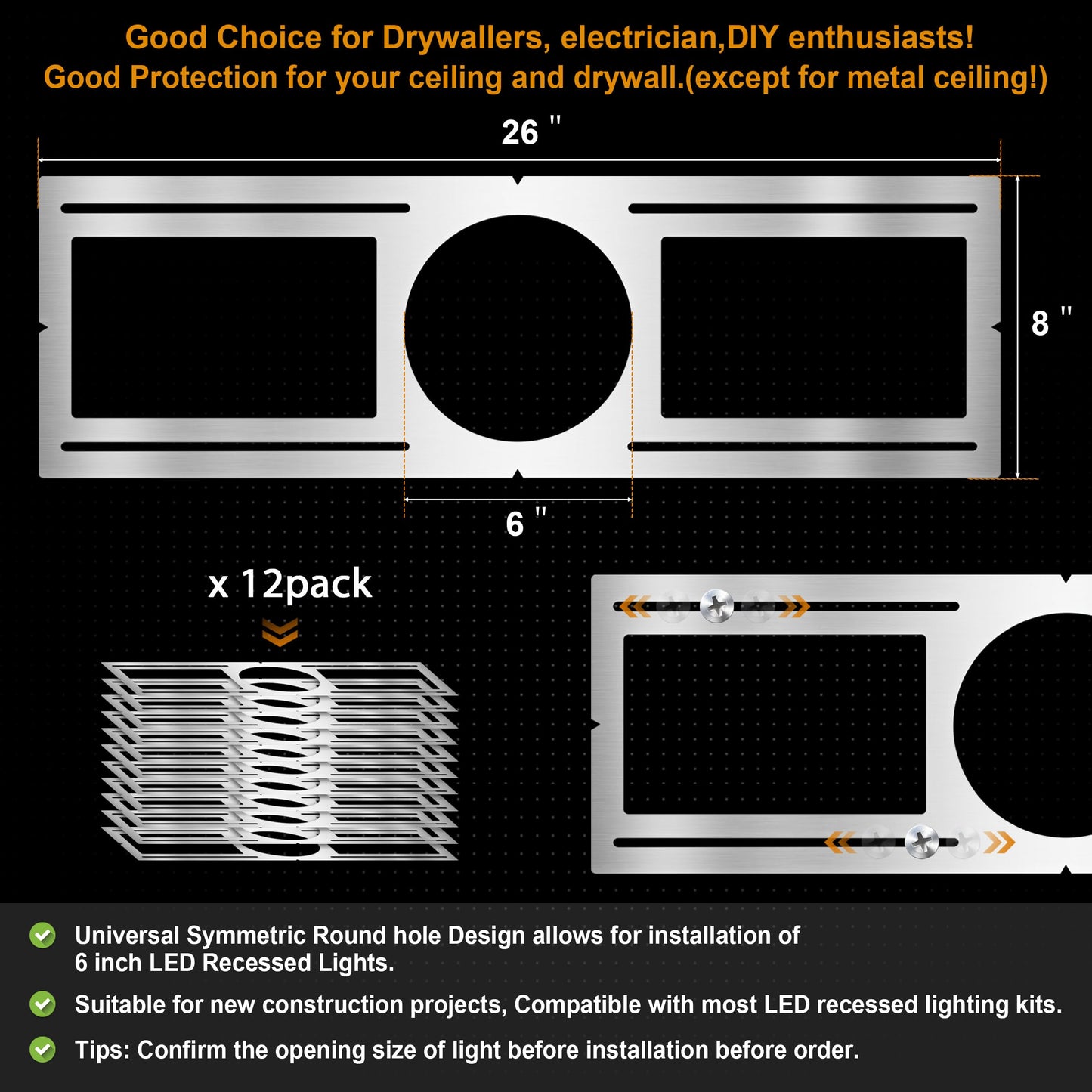 New Construction Mounting Plate, 6 Inch, LED Recessed Lighting Housing Kits, Flat Steel Rough in Bracket Fixture for LED Light Bar, 12PC Shallow Recessed Lighting Housing Plate
