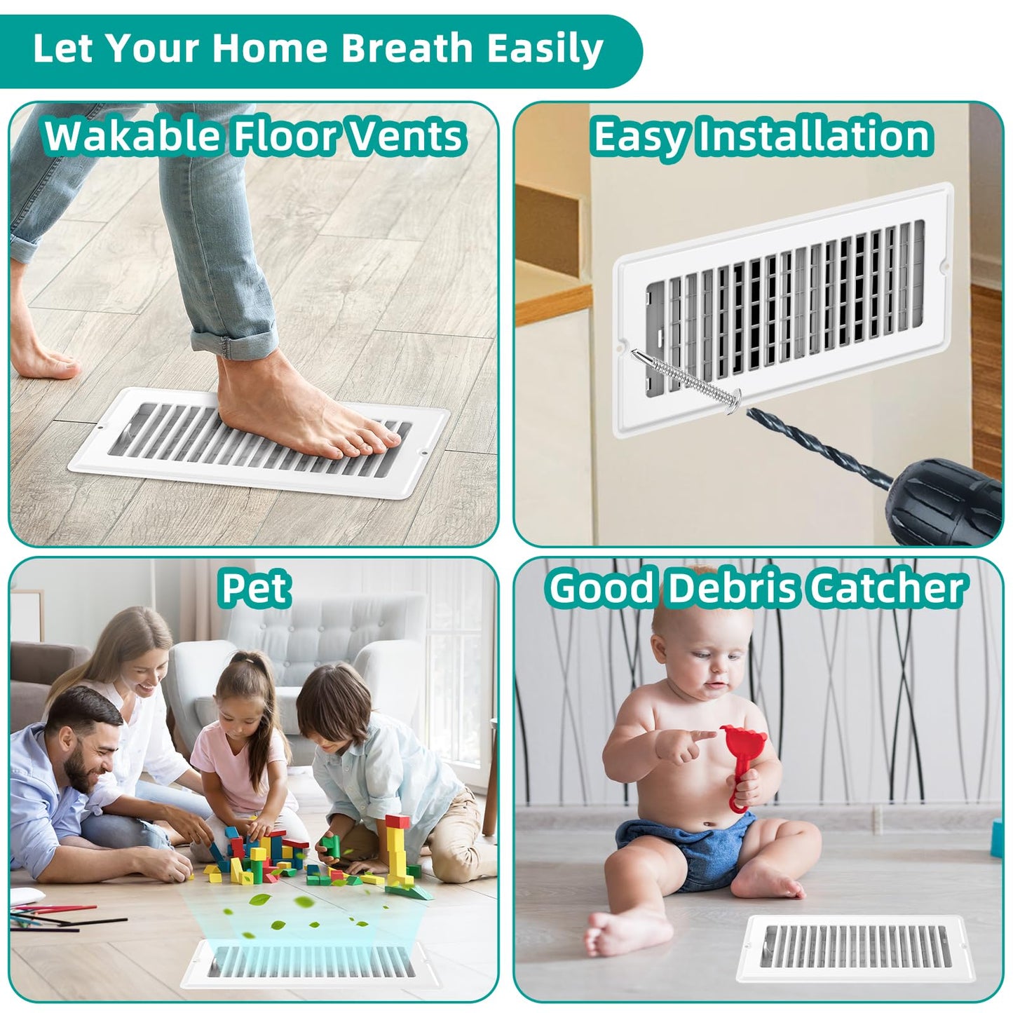 Floor Register 4x10-2 Pack Floor Vent Covers with Screw Walkable Vent Covers for Home Floor Ac Vent Cover Floor Vent Covers Adjustable Airflow HVAC Register Grilles
