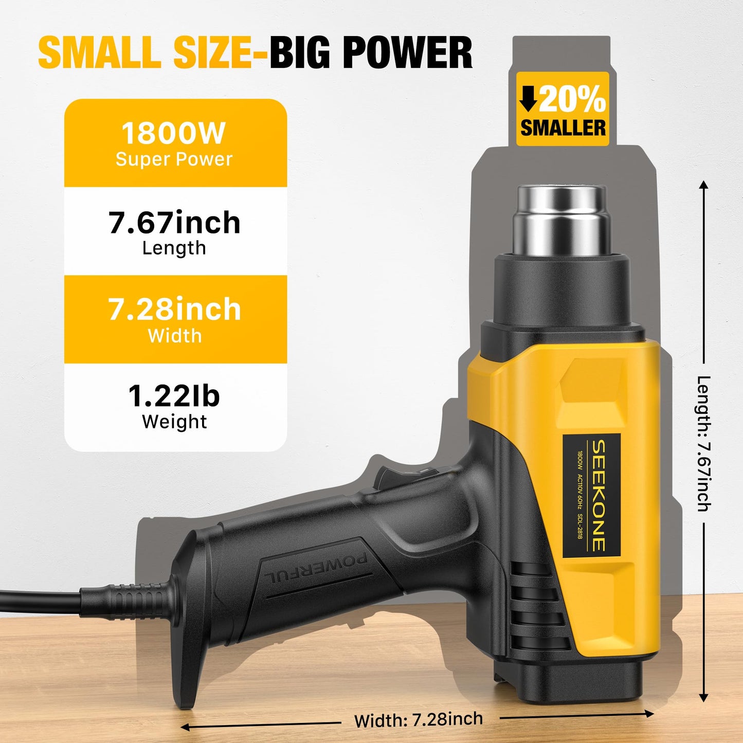 SEEKONE 1800W Heat Gun with LCD Digital Display Compact Design Hot Air Gun Variable Temperature Control 122℉-1202℉(50℃- 650℃)with Memory Function and 4 Nozzles for Crafts, Vinyl Wrap, Shrink Tubing
