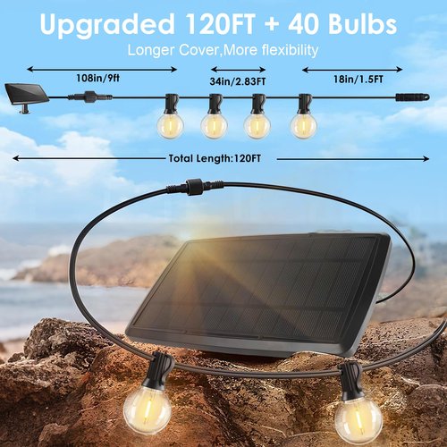 120FT Solar String Lights Outdoor Waterproof with Remote, G40 Solar Powered String Lights with 40+2 LED Shatterproof Bulbs, Dimmable Solar Patio Hanging Lights for Outside Backyard Party