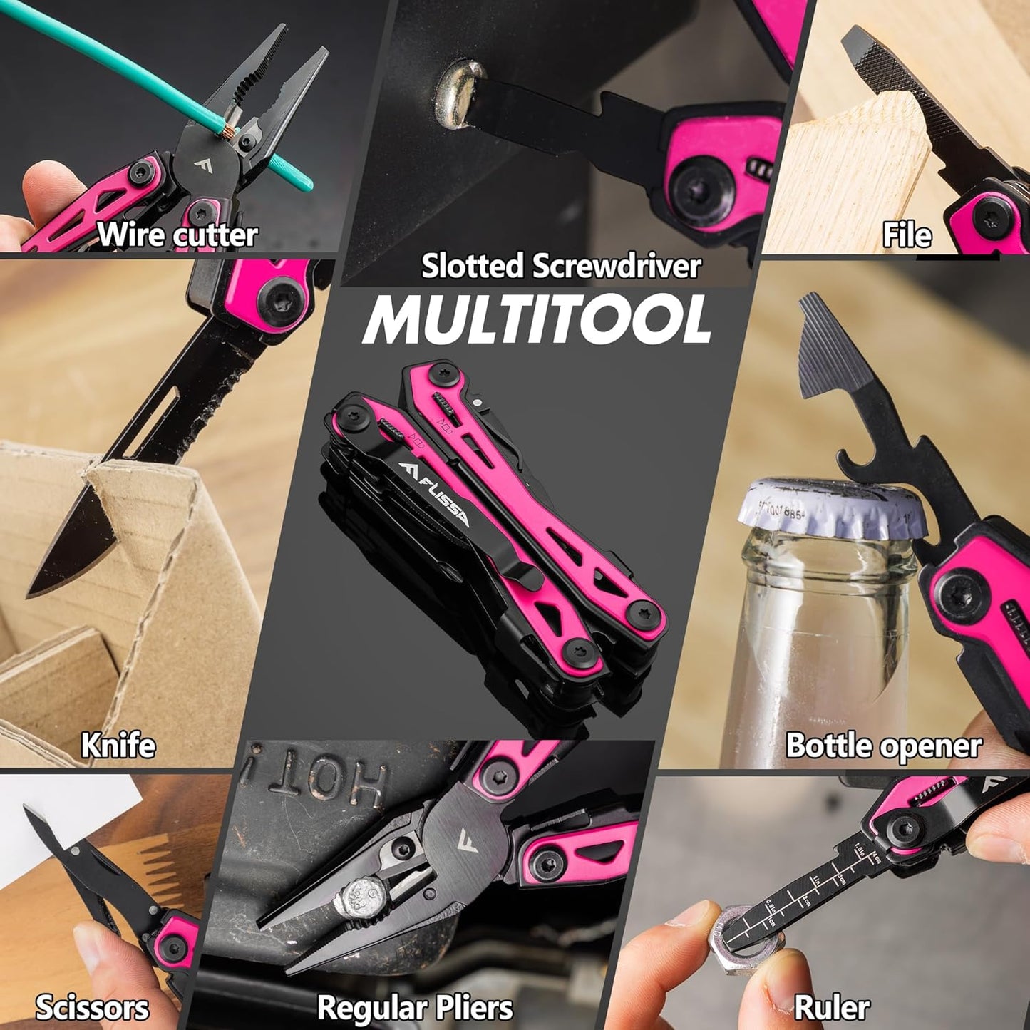 FLISSA 16-in-1 Pink Multi Tool Pliers, Gift for Father, Stainless Steel EDC Multitool with Pocket Knife, Belt Clip and Oxford Pouch, for Camping Survival Outdoor Activities