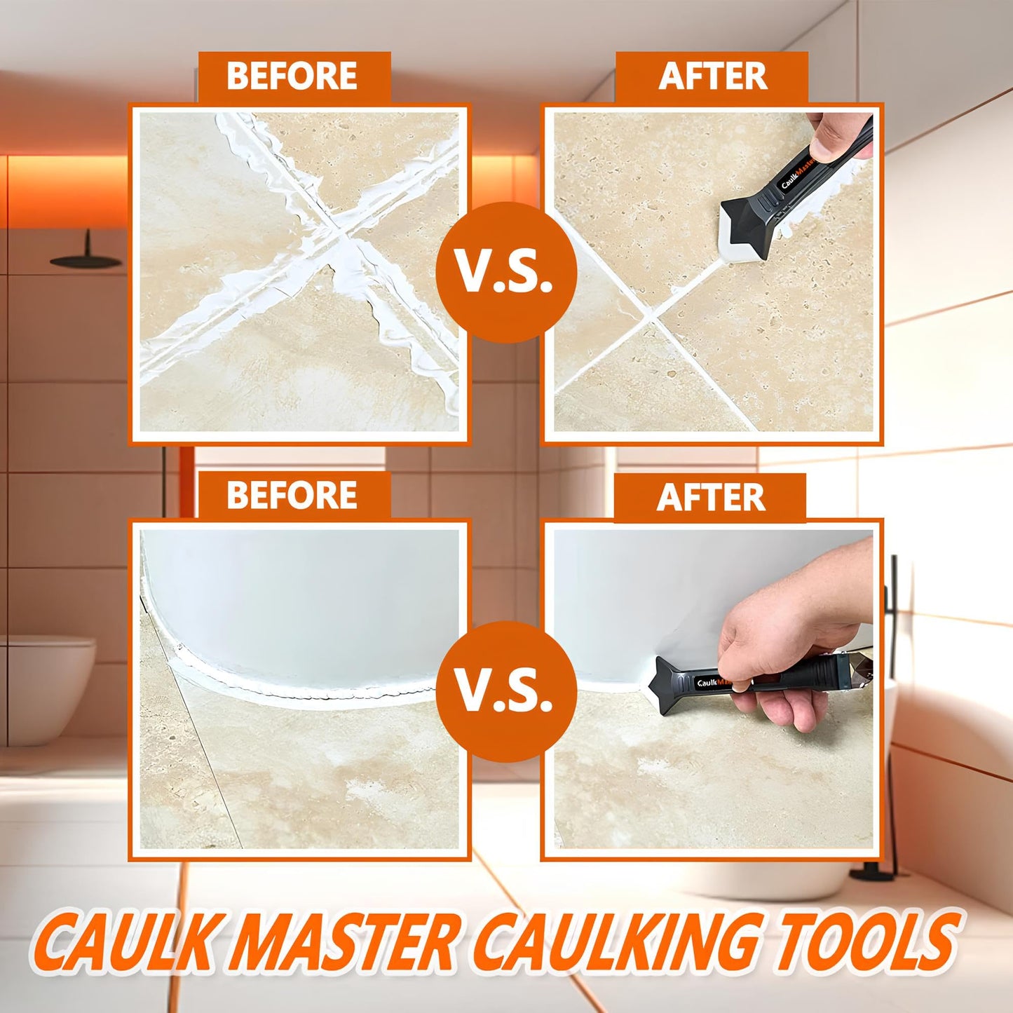 Silicone Caulking Tool Kit – Sealant Remover, Caulk Smoother & Finishing Tool, 3-in-1 Caulking Tool with 5 Pads, Steel Scraper & Corner Tools for Bathroom, Kitchen, Tile, Sink, Wall, Window, Bathtub