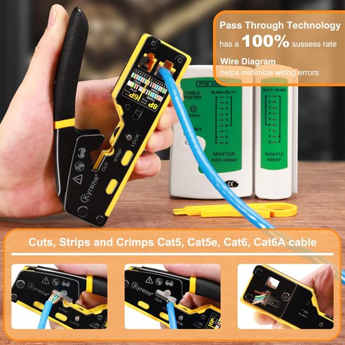 Kyrene RJ45 Crimp Tool, Ethernet Crimping Tool Kit, Cat5 Cat5e Cat6 Crimping Tool Kit with RJ45 Pass Through Connectors