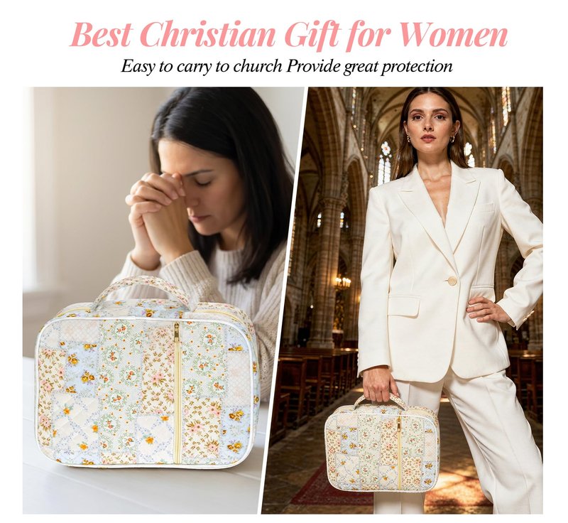 Bible Cover Case for Women, Large Bible Bag with Bible Study Supplies Accessories Christian Gifts for Women, Portable with Sturdy Handle and Highlighters, Spliced Flower