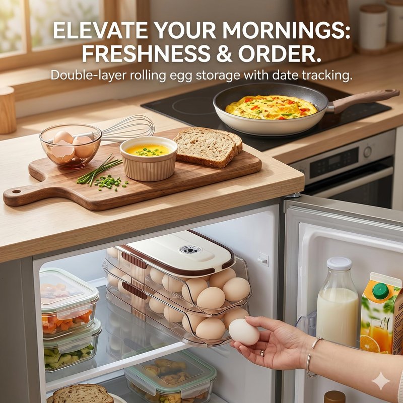 Egg Holder for Fridge with Lid and Handle, Automatic Rolling Egg Container for Refrigerator, Stackable Egg Organizer for Refrigerator, Countertop, Kitchen & Outdoor Use,Pantry Storage, Timed Freshness