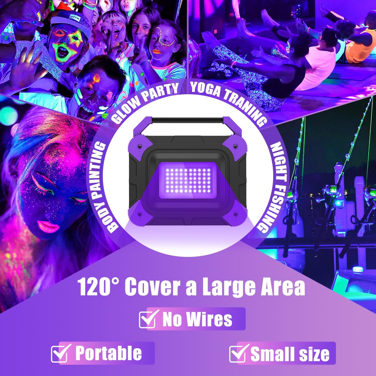 T-SUN Rechargeable Black Lights, Battery Powered Black Light for Fishing Portable Work Light for Glow Party Body Paint Fluorescent Poster Neon Party 2 Packs