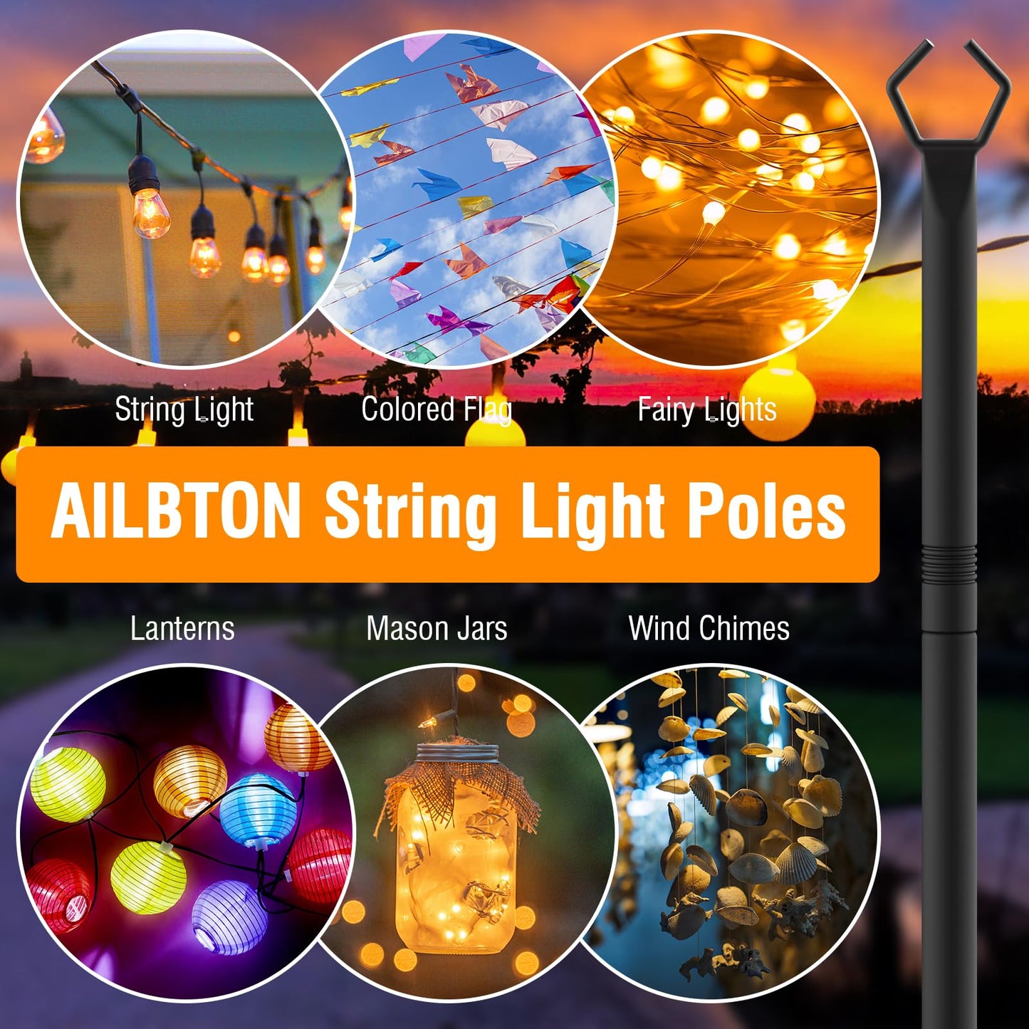 AILBTON 10Ft String Light Poles 2 Pack,Light Poles for Outside Lights,Outdoor with Fence Brackets Hanging Lights,Metal Stand Deck Patio Backyard