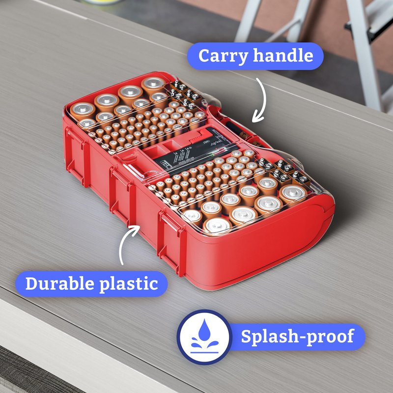 Battery Organizer Storage Case with Tester, Holds 180 Batteries, Clear Hinged Cover, Locking Lid - For AA, AAA, C, D and More, Red