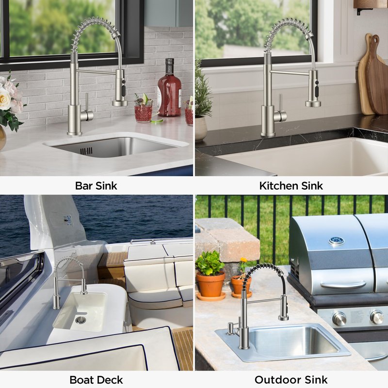 FORIOUS Kitchen Faucets with Sprayer, Brushed Nickel Stainless Steel Sink Faucet Single Handle with Deck Plate, Commercial Classic Spring Faucet for Kitchen Sink, Bar & Prep Sinks, Laundry RV Camper