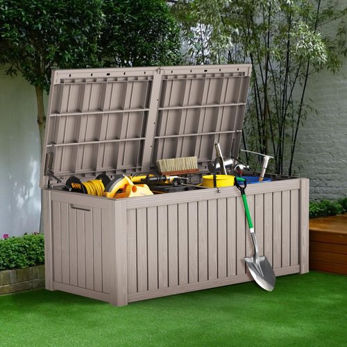 FULOL4CASA 150 Gallon Outdoor Storage Cabinet, Large Outdoor Storage Box for Patio Furniture Covers, Cushion Pillows, Waterproof Deck Box with Lockable Lid for Garden Tools, Pool Accessories, Taupe
