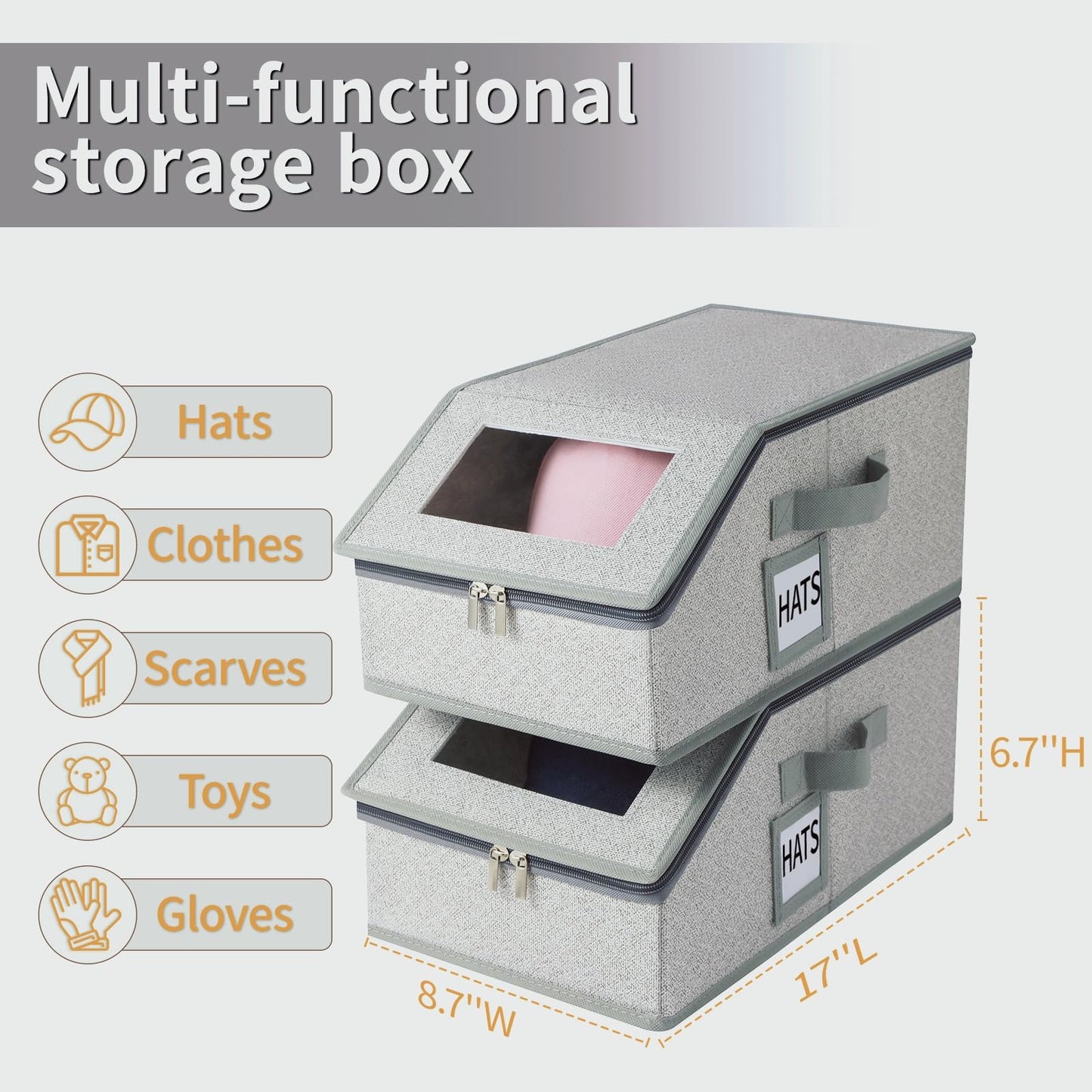 LUMESIX 2 PCS Hat Organizer for Baseball Caps Stackable HatBox Hat Rack Hold Up to 24 Caps Hat Storage for Closet with Clear Window Space-Saving Fabric Hat Holder