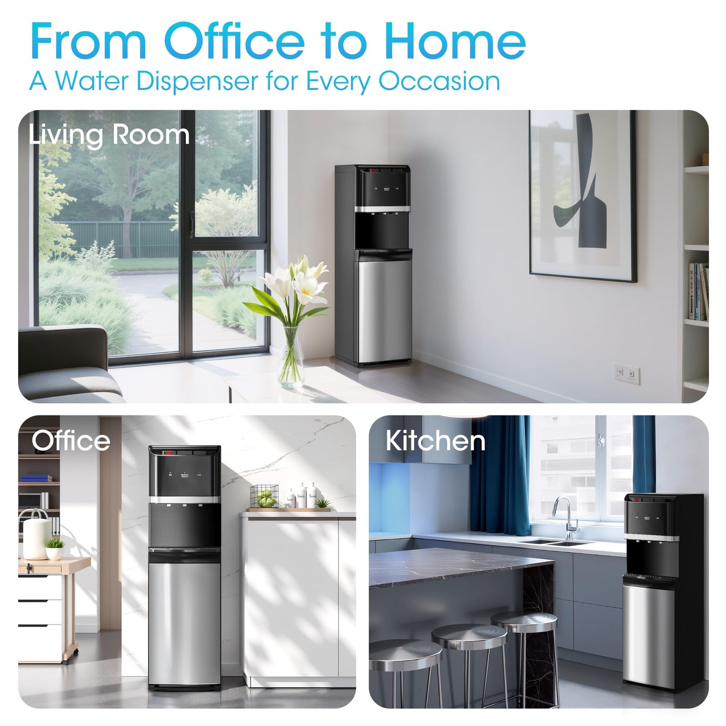 Manastin Bottom Loading Water Cooler Dispenser for 5 Gallon Bottles, Stainless Steel Water Cooler with 3 Temperature Settings - Hot, Cold & Room Water, Ideal Design for Home & Office, Pure Black