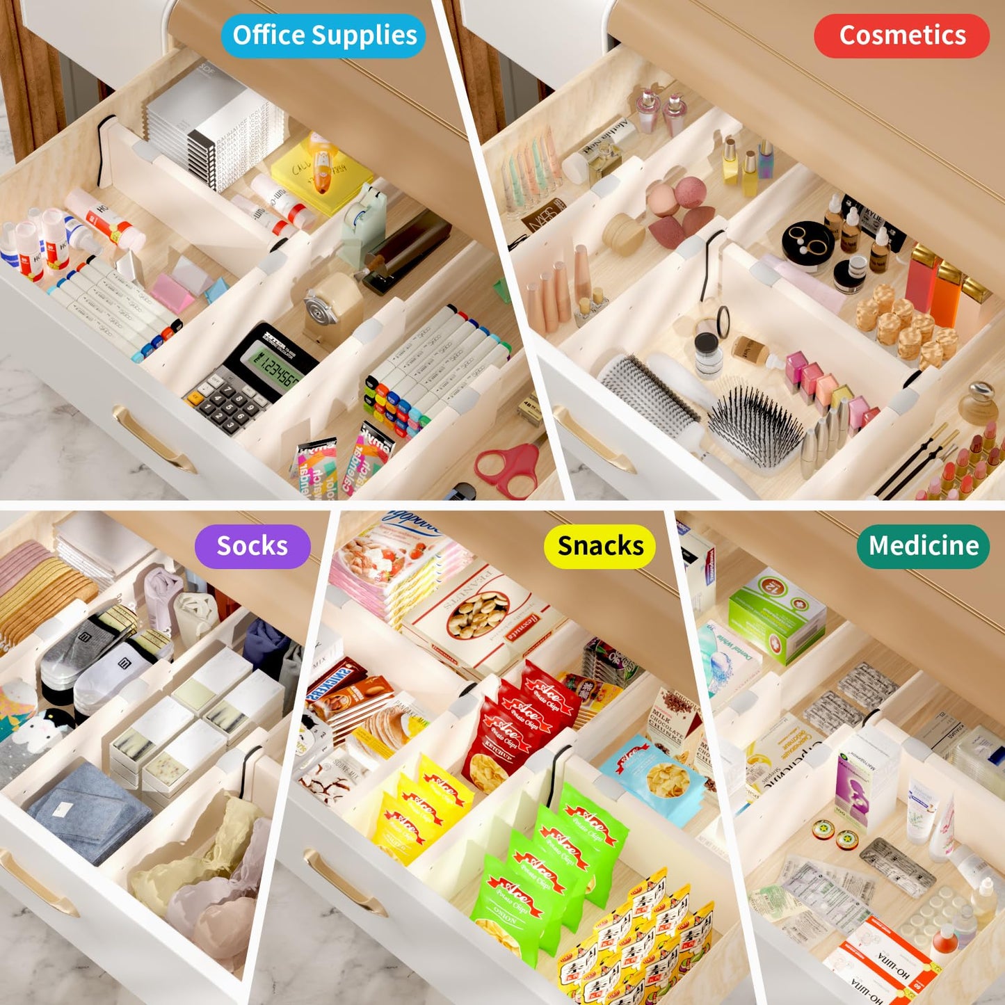 NTQNOIKA Drawer Dividers Organizer 9 Pack, Adjustable Separators 4" High Expandable from 11-17" for Bedroom, Bathroom, Closet, Clothing, Office, Kitchen (Beige, 9 PACK)
