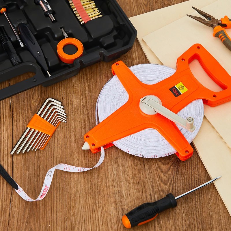 Kanayu 2 Pieces 330 ft Open Reel Retractable Long Fiberglass Tape Measure Feet and Meters Measuring Yard for Engineer Sport Field Project Construction