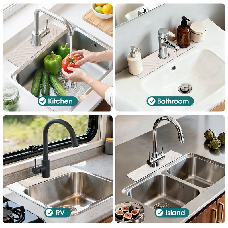 EdenDwell Quick Dry Stone Faucet Mat for Kitchen Sink - 15.8"x3.9" Natural Diatomite Stone Drying Mat for Kitchen Counter Bathroom Dish Dry Mat Auto Drainage Sink Protector (White)
