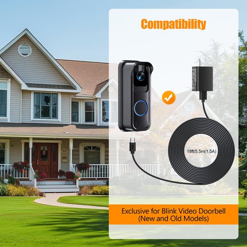 Power Adapter and Adhesive Doorbell Mount for Blink Doorbell Camera(All Models),Doorbell Transformer 5V with 18ft/5.5m Weatherproof Cable for Blink Video Doorbell(No Battery) Continuously Supply